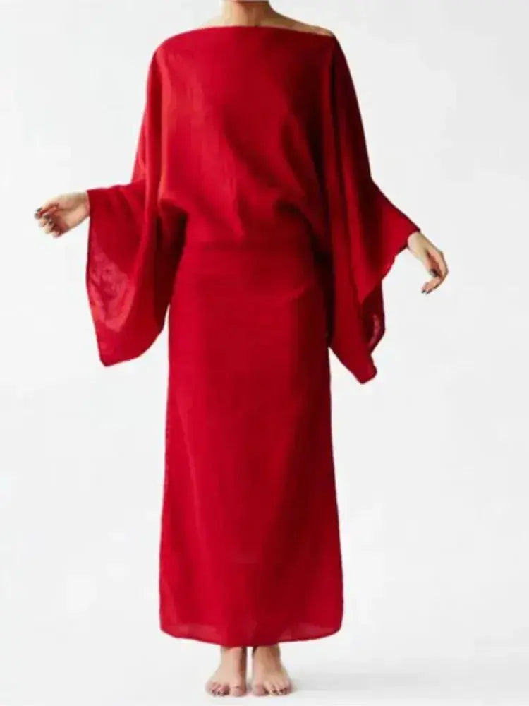 New Retro Casual Solid Split Dresses Women Elegant Slash Neck Lace-up Long Dress Spring Autumn Batwing Sleeve Sexy Party Dress Claxoria