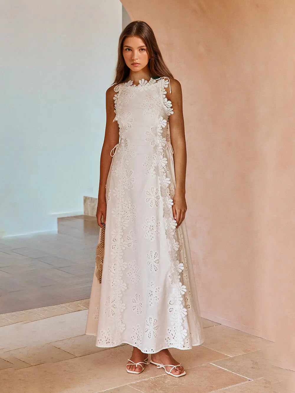 Delicate Lace Hook And Lace Up Sides Maxi Dress Claxoria