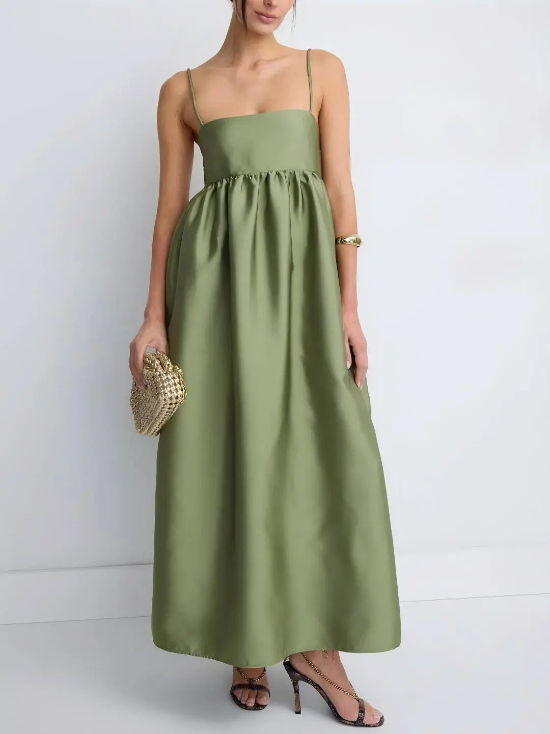 Minimalist Olive Green Babydoll Maxi Dress Claxoria