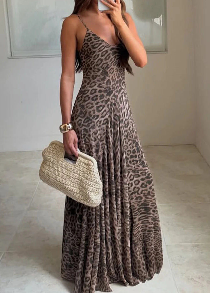 Women's Spaghetti Strap Leopard Patchwork Maxi Dress Summer Sleeveless Casual Backless Holiday Party Dress Streetwear Vestidos Claxoria