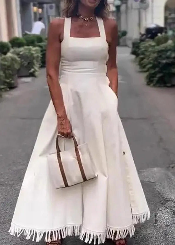 White Camisole Summer Long Dress Casual Off Shoulder Pocket Slim Fit Dress Elegant Tassel Patchwork High Waisted Party Dresses Claxoria