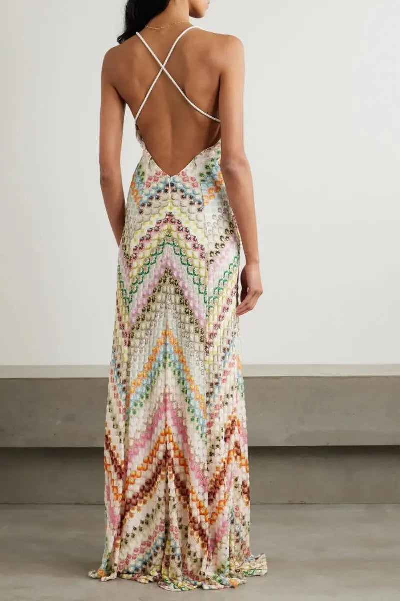 Aurora™ | Crochet-Inspired Chevron Maxi Dress Claxoria