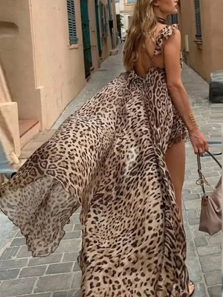 BWQ Leopard Printed Lace Up Split Tops Shorts Suit Women Sexy Mesh Top Drawstring Tie Shorts Set Summer Holiday Lady Outfits Claxoria