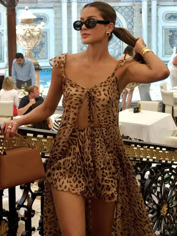 BWQ Leopard Printed Lace Up Split Tops Shorts Suit Women Sexy Mesh Top Drawstring Tie Shorts Set Summer Holiday Lady Outfits Claxoria