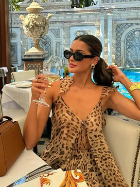 BWQ Leopard Printed Lace Up Split Tops Shorts Suit Women Sexy Mesh Top Drawstring Tie Shorts Set Summer Holiday Lady Outfits Claxoria