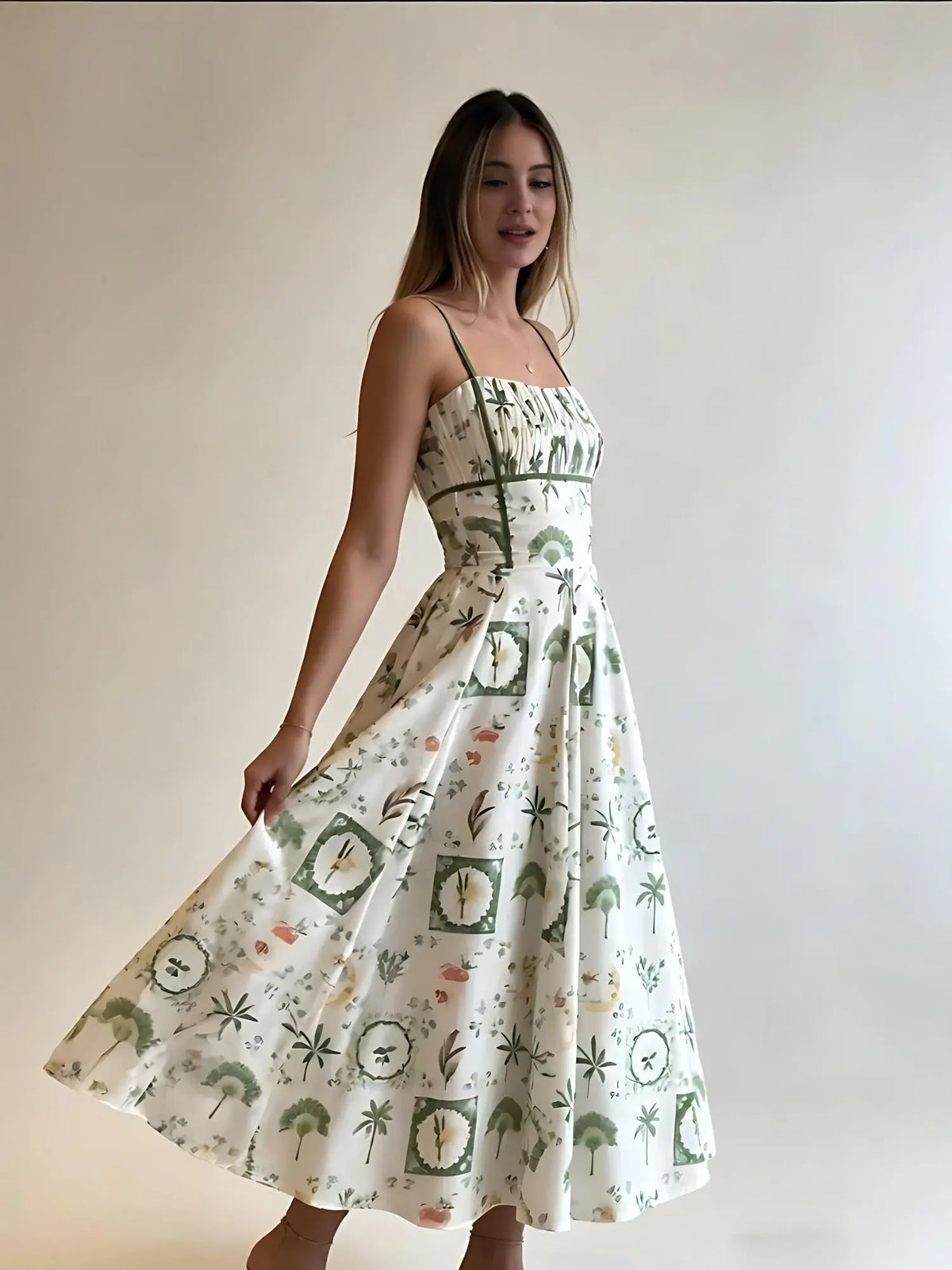 Green Botanical Print Smocked Midi Dress Claxoria