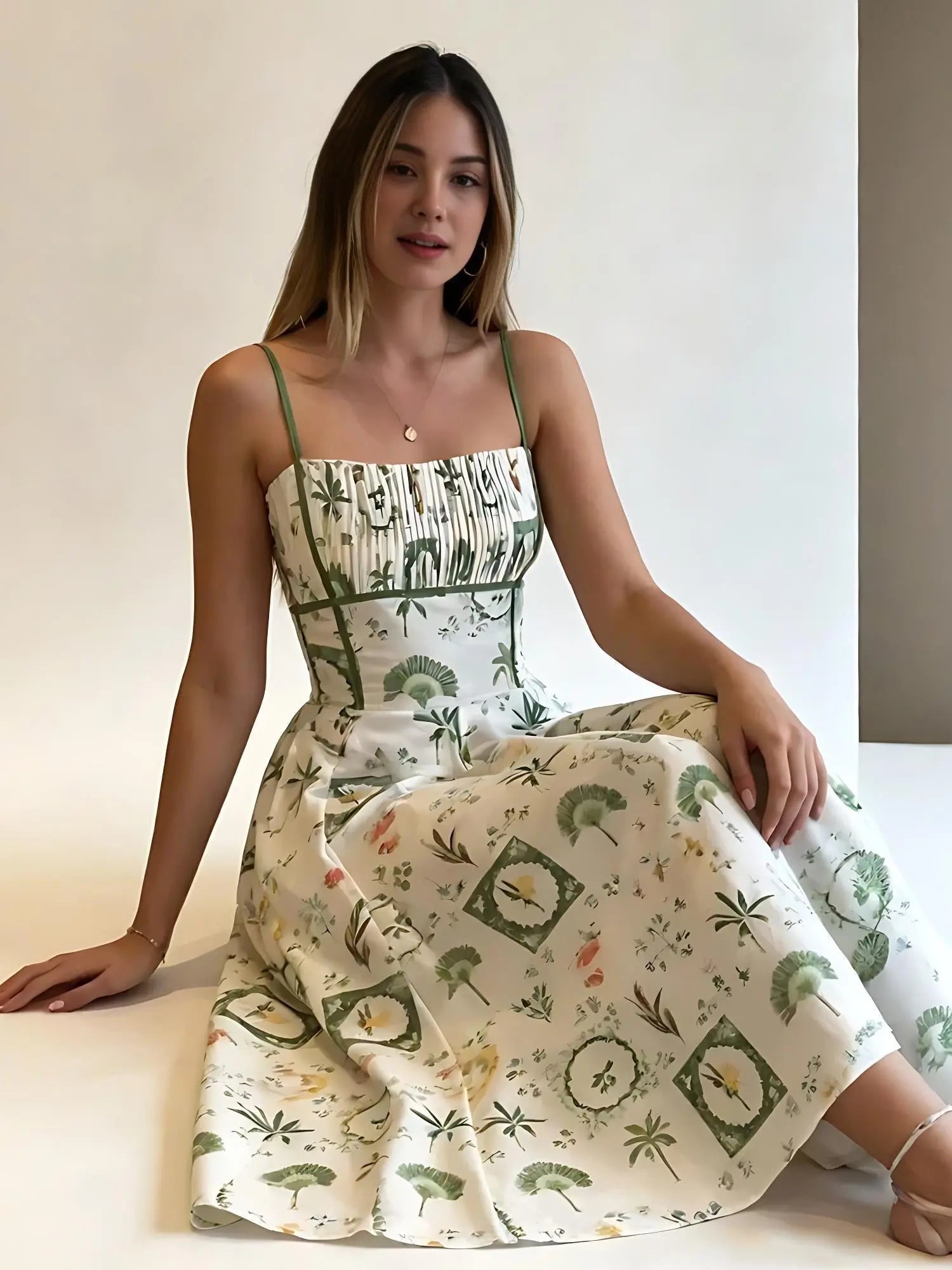 Green Botanical Print Smocked Midi Dress Claxoria