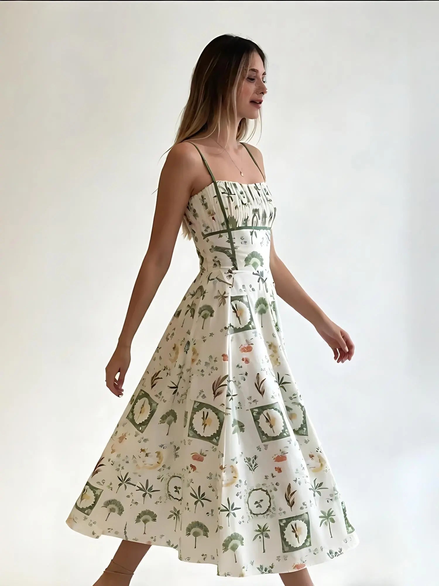 Green Botanical Print Smocked Midi Dress Claxoria