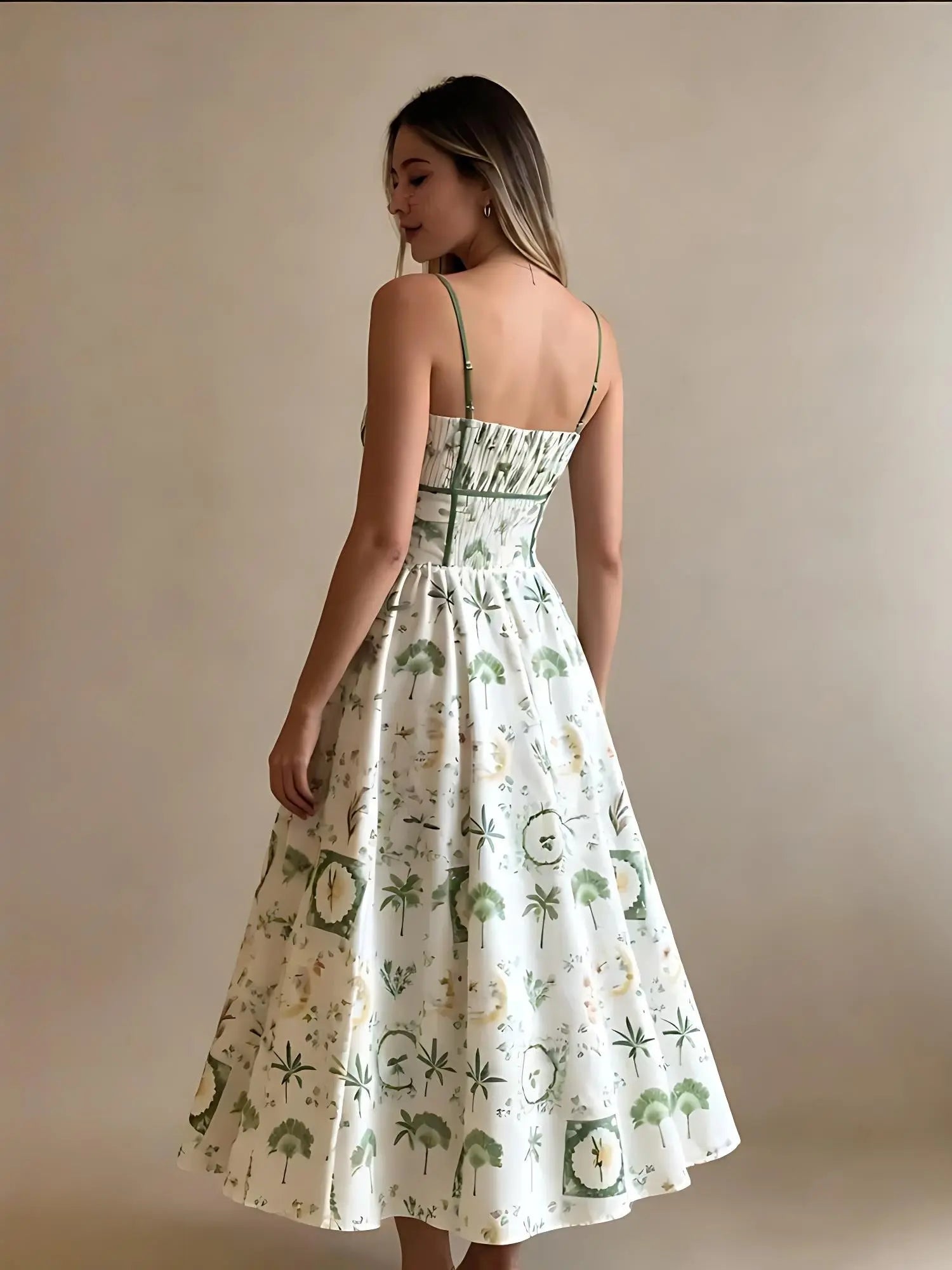 Green Botanical Print Smocked Midi Dress Claxoria