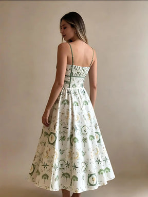 Green Botanical Print Smocked Midi Dress Claxoria