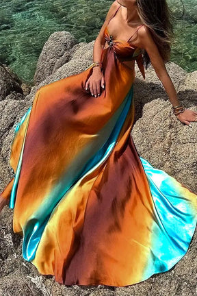Isla™ | Neon Sunset Cutout Tie-Back Maxi Dress Claxoria