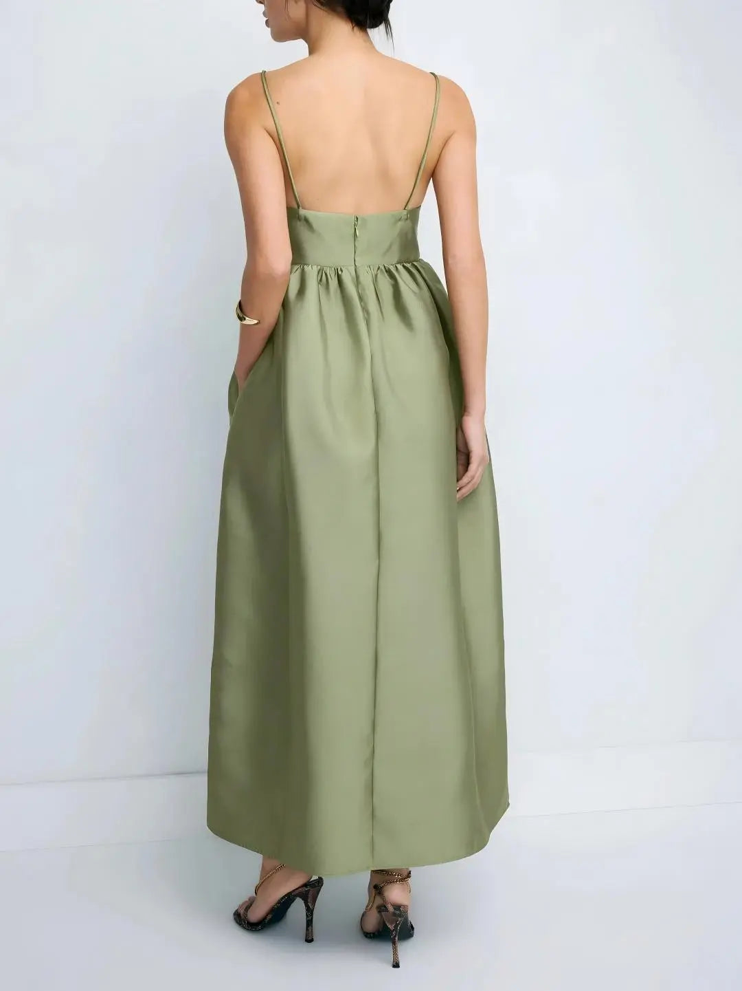 Minimalist Olive Green Babydoll Maxi Dress Claxoria