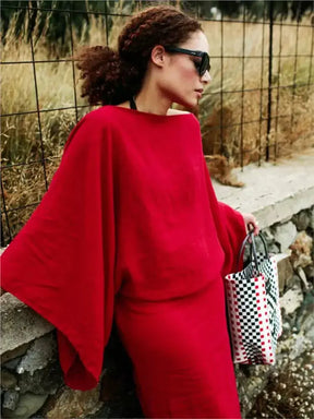 New Retro Casual Solid Split Dresses Women Elegant Slash Neck Lace-up Long Dress Spring Autumn Batwing Sleeve Sexy Party Dress Claxoria