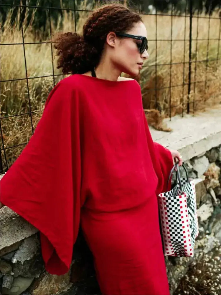 New Retro Casual Solid Split Dresses Women Elegant Slash Neck Lace-up Long Dress Spring Autumn Batwing Sleeve Sexy Party Dress Claxoria