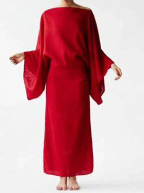 New Retro Casual Solid Split Dresses Women Elegant Slash Neck Lace-up Long Dress Spring Autumn Batwing Sleeve Sexy Party Dress Claxoria