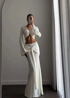 New Sexy Soild 3 Pcs Bikini With Cover Up Knit Halter Bikini Set Summer Women White Tube Top with Skirt Suit Female Claxoria