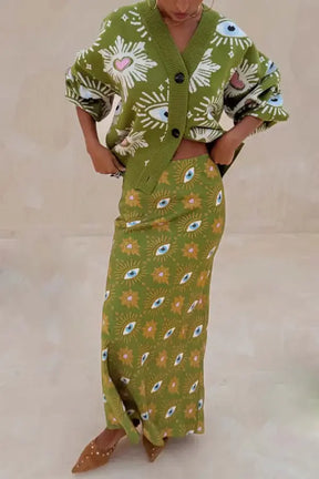 Ophira™ | Symbolic Knit Cardigan & Skirt Claxoria
