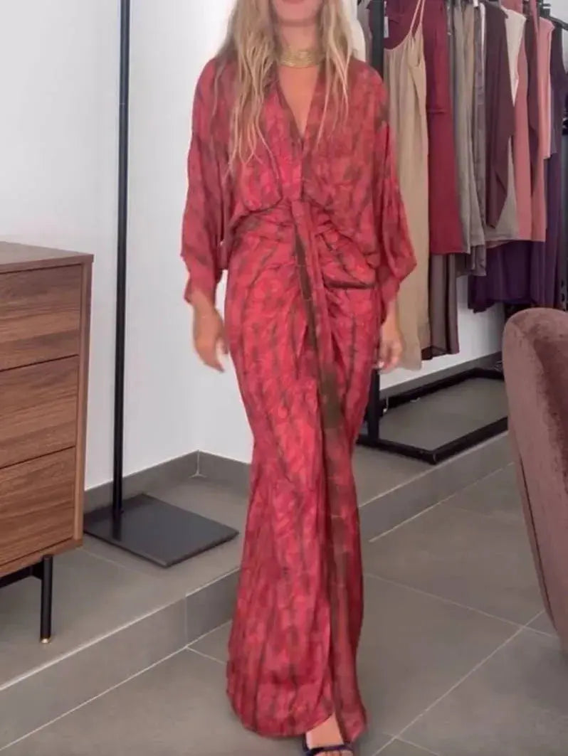 Sorraia™ | Tie-Dye Ruched Kimono Maxi Dress Claxoria