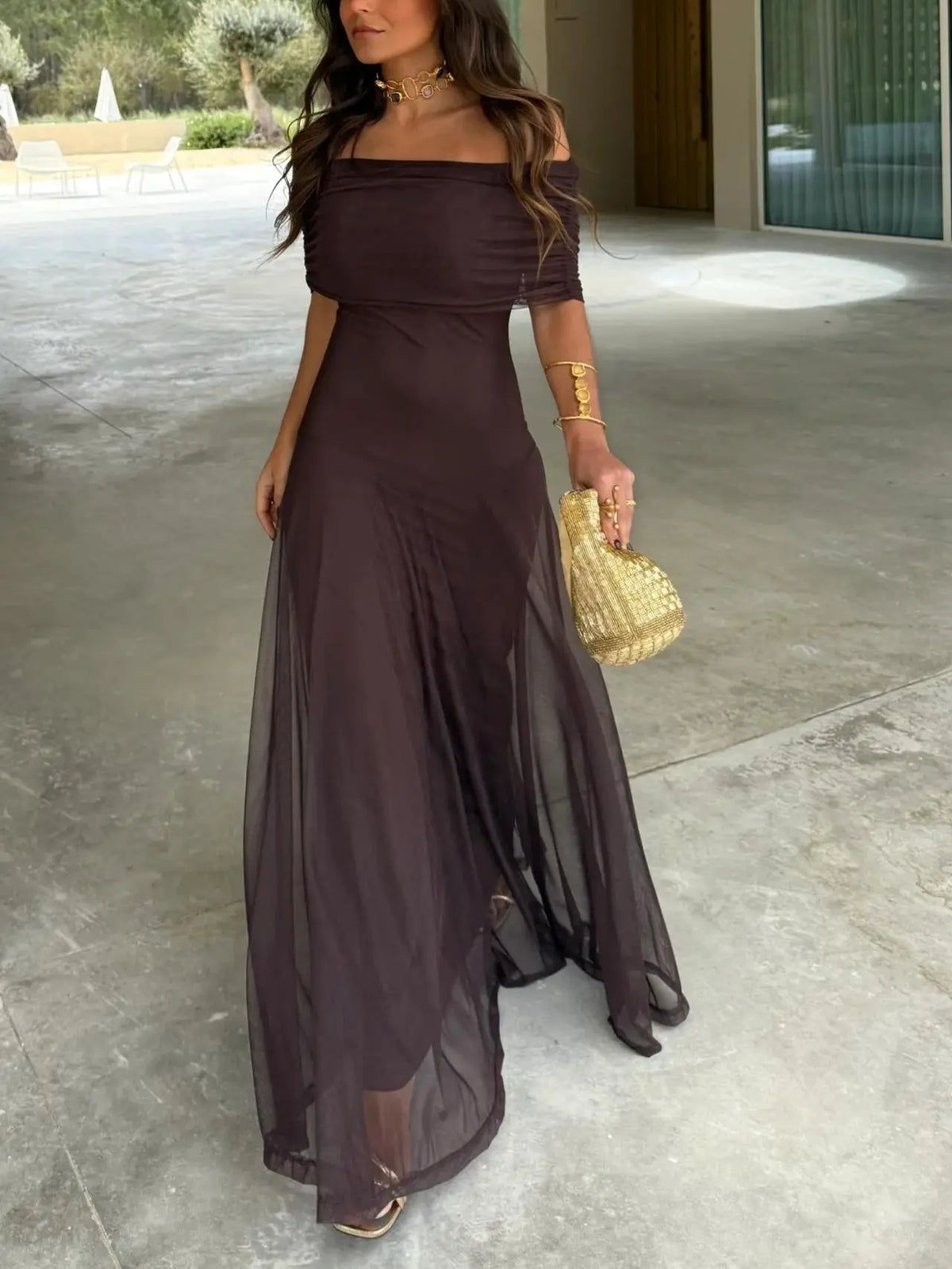 Toledo One Shoulder Mesh Maxi Dress Claxoria