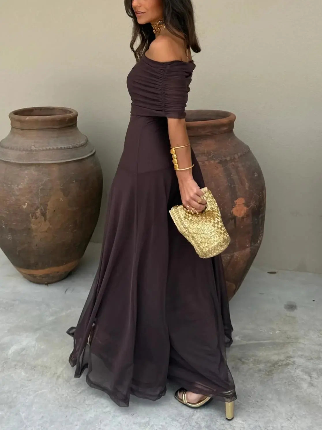 Toledo One Shoulder Mesh Maxi Dress Claxoria