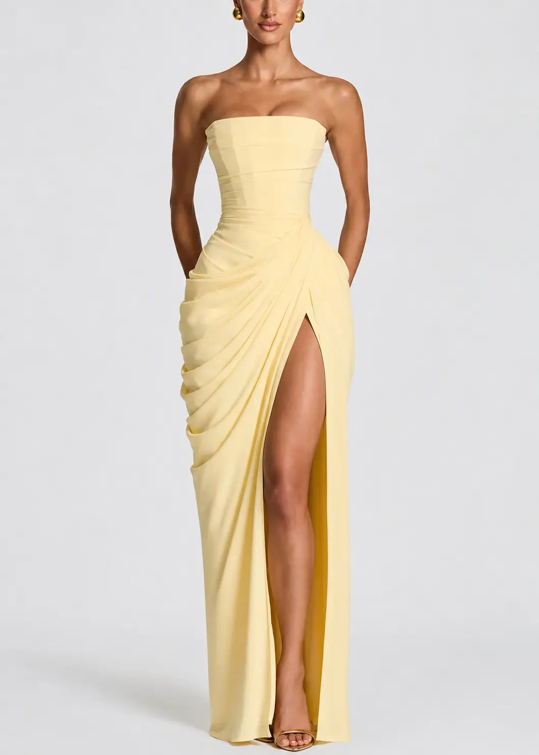 Valdris™ | Strapless Draped Corset Slit Maxi Dress Claxoria